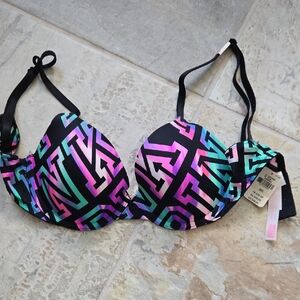 32C NwT Victoria's Secret Lightly Lined T Shirt Bra - Black/Pink/Teal